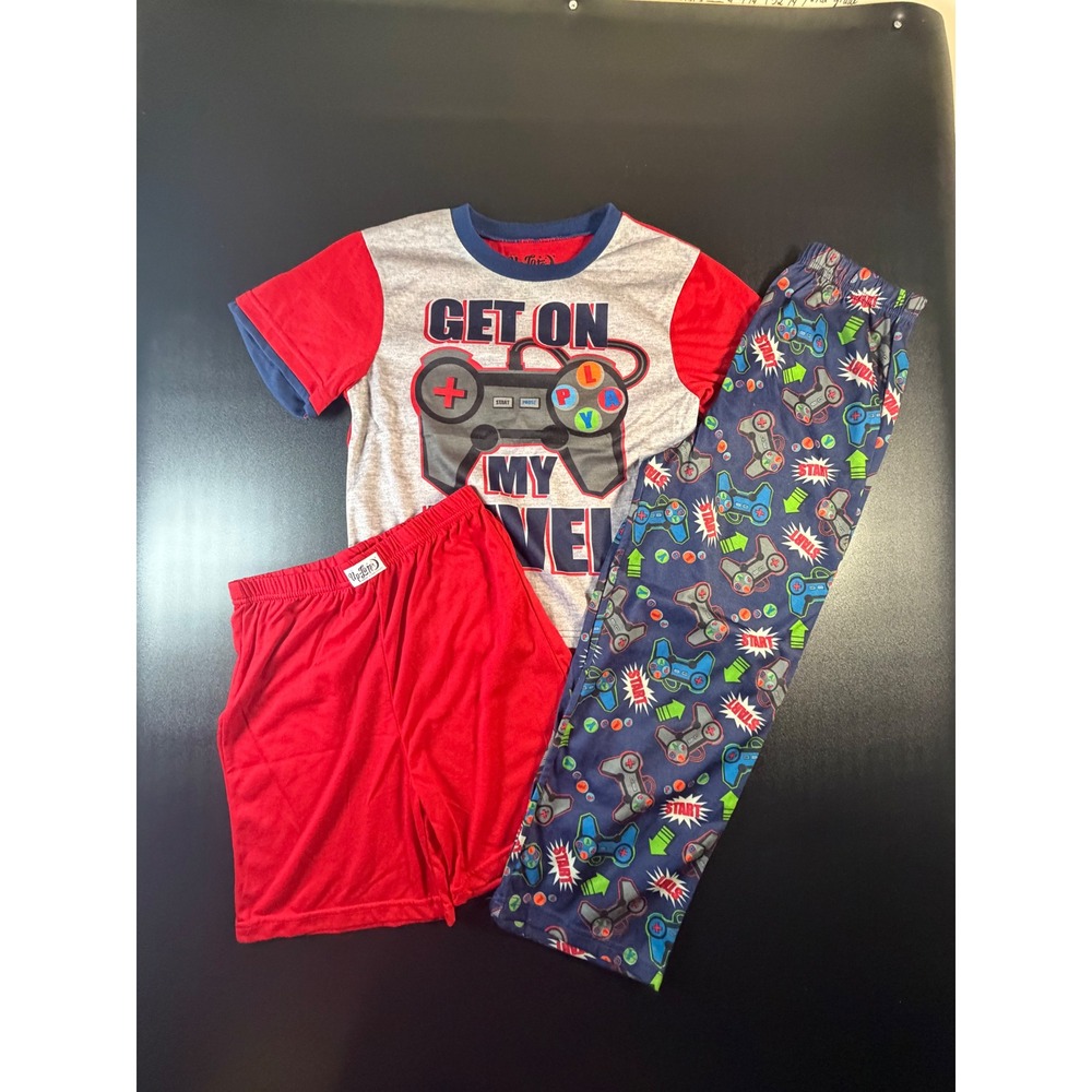 Up Late Boys 3pc Pajama Set Size 8 Get On My Level Gamer Top Shorts Pants Red K9